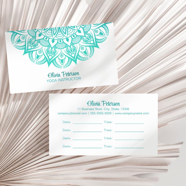 Mandala Yoga Dozent Visitenkarte (Turquoise Mandala Yoga Instructor Appointment Business Card on a dry palm leaf.)