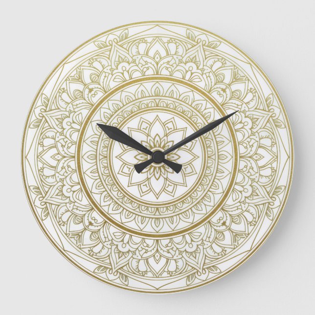 Mandala Zen Wall Clock - Gold & White Spiritual De Große Wanduhr (Vorderseite)