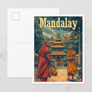 Mandalay Myanmar Vintag Art Travel Illustration Postkarte