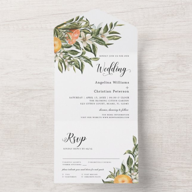 Mandarin Blooming Citrus | Greenery Wedding All In One Einladung (Innen Boden)