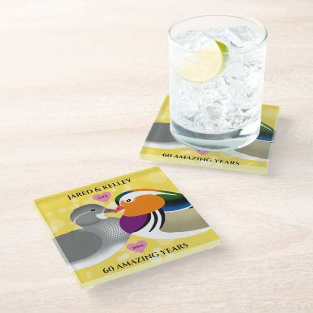 Mandarin Ducks Lovebirds jedes Jahr Glasuntersetzer (Schrägansicht)