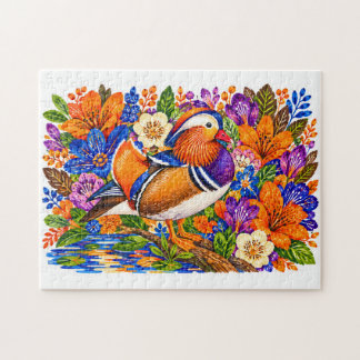 Mandarin-Enten-Teich Farbige Lili-Blumen Aquarell Puzzle
