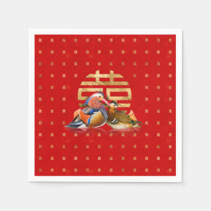 Mandarin Enten und Doppelglücklich auf rot Serviette