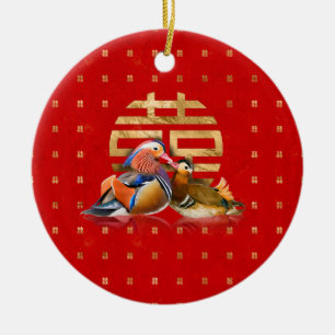 Mandarin Enten und doppeltes Glück auf rot Keramik Ornament