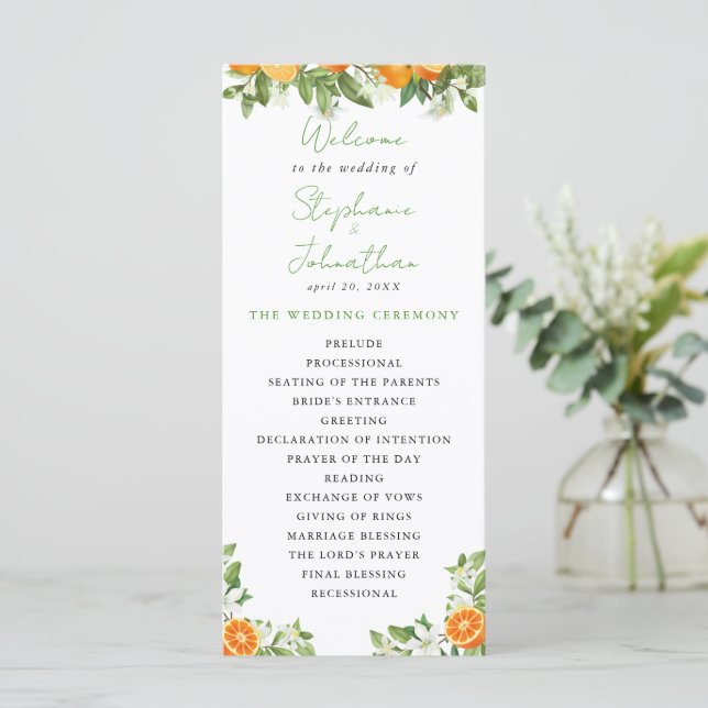 Mandarin Orange Watercolor Wedding Program Menükarte (Stehend Vorderseite)