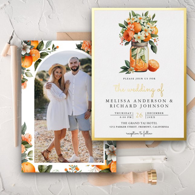 Mandarine Citrus Orange Mason Jar Wedding Gold Folieneinladung (Von Creator hochgeladen)