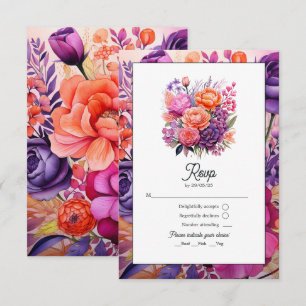 Mandarine, Hot-Pink & Royal Lila Blumenhochzeit RSVP Karte