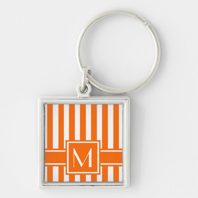 Mandarine Moderner Streifen mit Monogramm Schlüsselanhänger (Vorne)