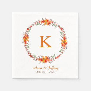 Mandarine Orange Floral Wreath Monogram Wedding Serviette