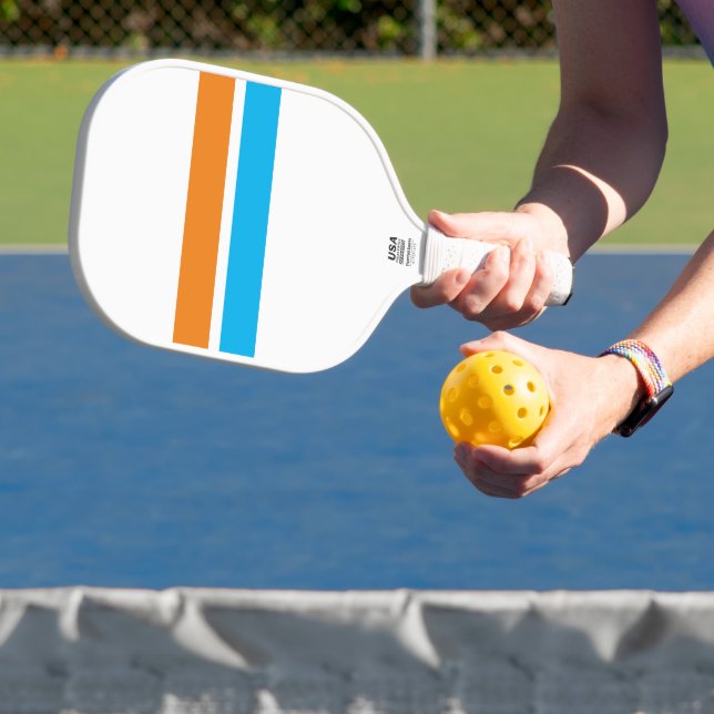 Mandarine Orange Sky Blue Racing Streifen auf Weiß Pickleball Schläger (InSitu)