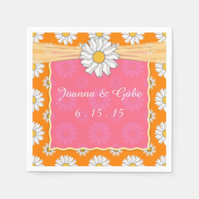 Mandarine Tango Orange Pink Daisy Floral Wedding Serviette (Vorderseite)