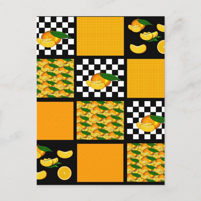 Mandarine und Karierte Patchwork Postkarte (Vorderseite)