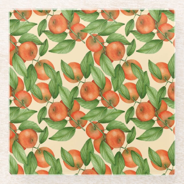 Mandarine Wasserfarbe, nahtlose Fruchtmuster. Glasuntersetzer (Vorderseite)