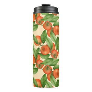 Mandarine Wasserfarbe, nahtlose Fruchtmuster. Thermosbecher