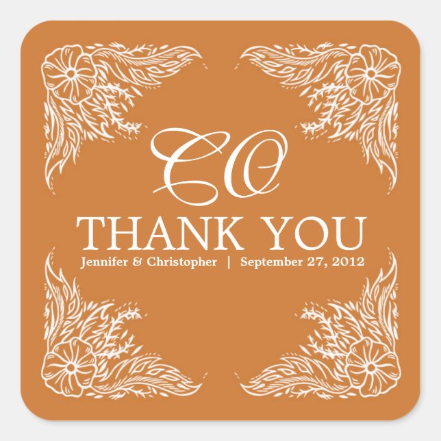 Mandarine & White Wedding Danke Monogram Quadratischer Aufkleber (Vorderseite)