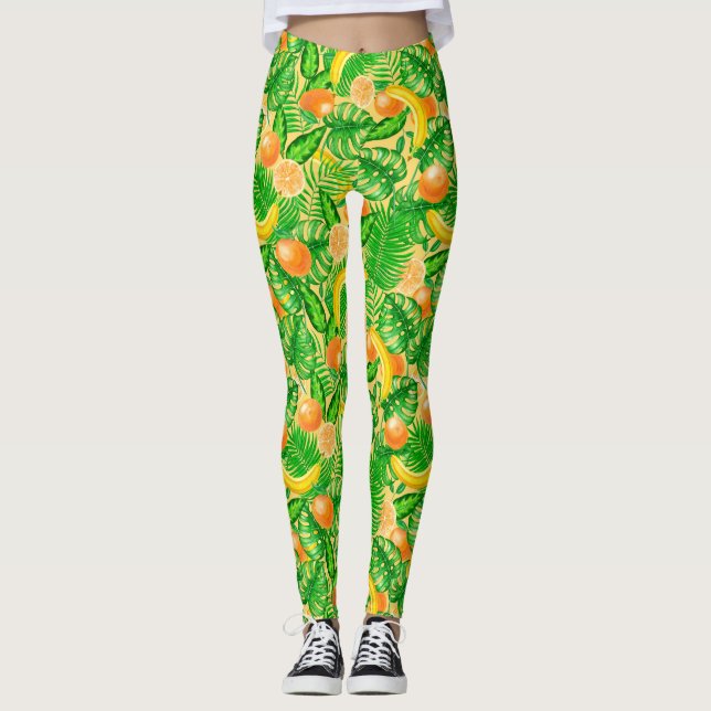 Mandarinen, Bananen und tropische Blätter Leggings (Vorderseite)