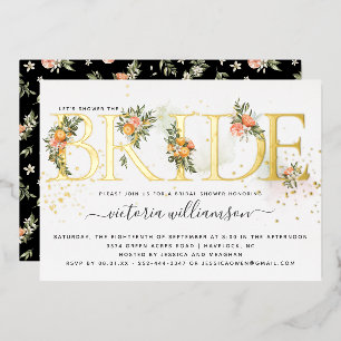 Mandarinen-Zitrus- und Gold-Blumen-Brautparty  Folieneinladung