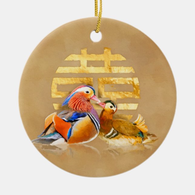 Mandarinenducks und Doppelglückssymbol Keramik Ornament (Vorne)