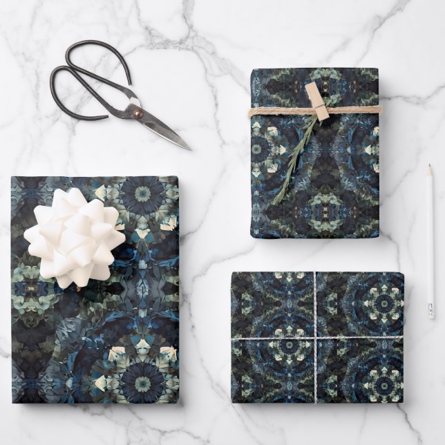 Mandela Blue Black Floral Illustration Geschenkpapier Set (Vorderseite)