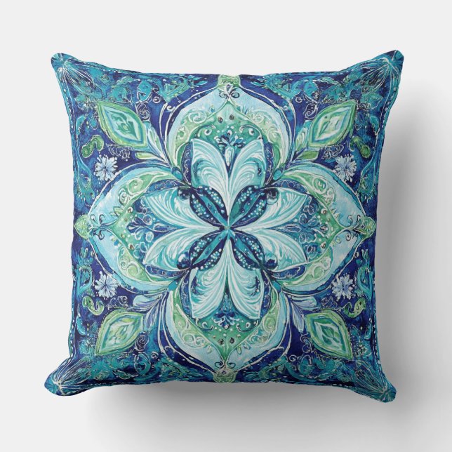Mandela Navy Blue Emerald Green Bohemian Pattern  Kissen (Vorderseite)
