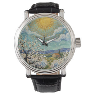 Mandelplantage im Stil von Van Gogh sonnige Blüten Armbanduhr