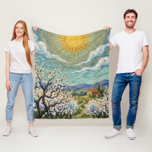 Mandelplantage im Stil von Van Gogh sonnige Blüten Fleecedecke