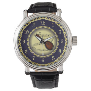 Mandolin 01 ~ Musical Scroll ~ Gold/Navy Blue ~ Armbanduhr
