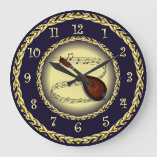 Mandolin 01 ~ Musical Scroll ~ Gold/Navy Blue ~ Große Wanduhr
