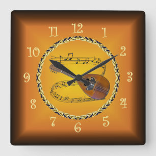 Mandolin 02 on Musical Scroll & Russet Orange ~ Quadratische Wanduhr