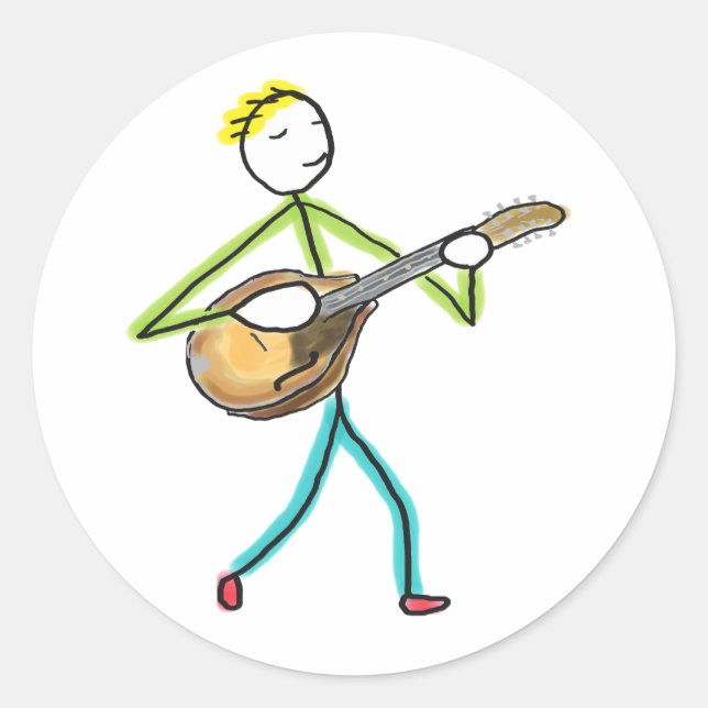 Mandolin Playing Stickman Runder Aufkleber (Vorderseite)