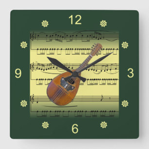 Mandolin~RollSheet Music~Gold/Green Background~ Quadratische Wanduhr