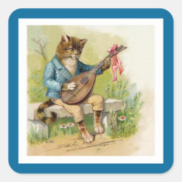Mandolin-Spiel Cat in Shimmering Sky Blue Jacket Quadratischer Aufkleber