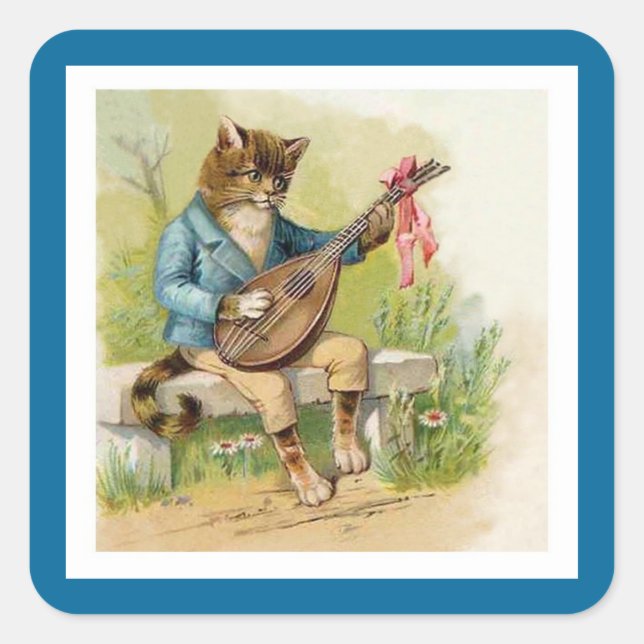 Mandolin-Spiel Cat in Shimmering Sky Blue Jacket Quadratischer Aufkleber (Vorderseite)