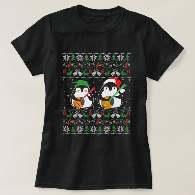 Mandolin Ugly Christmas Sweater Elf Santa Penguin T-Shirt (Design vorne)