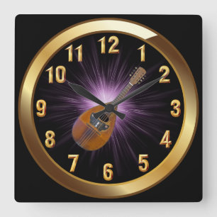 Mandoline ~ Schwarzes Gold und Lila Glühfeld ~ Quadratische Wanduhr
