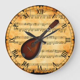 Mandoline ~ Vintage Notenmusik Hintergrund ~ einzi Große Wanduhr