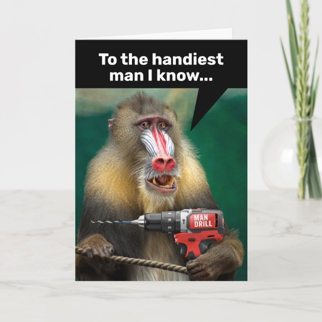 Mandrill Monkey with a Drill - Handy Man Birthday Karte (Vorderseite)
