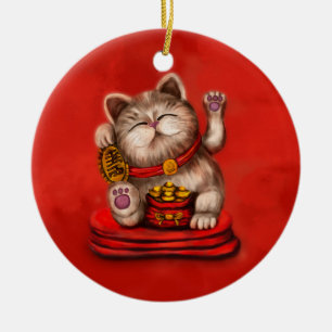 Maneki-neko Beckoning Katze auf rot Keramik Ornament