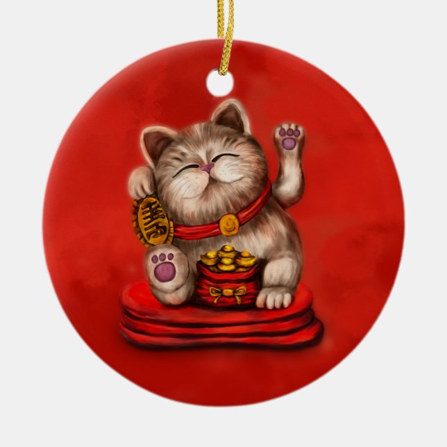 Maneki-neko Beckoning Katze auf rot Keramik Ornament (Vorne)