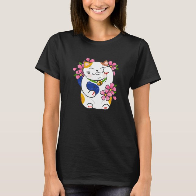 Maneki Neko Beckoning Lucky Cat Design T-Shirt (Vorderseite)
