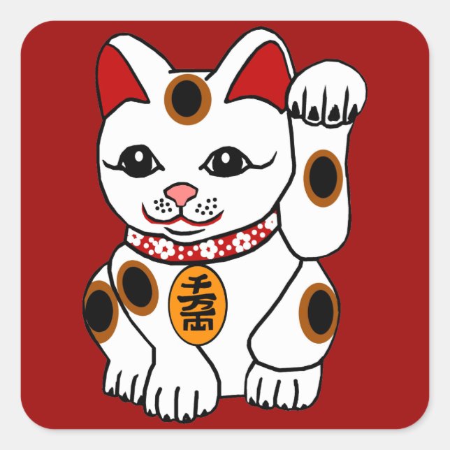 Maneki Neko Cat auf rotem Hintergrund Quadratischer Aufkleber (Vorderseite)