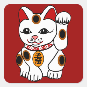Maneki Neko Cat auf rotem Hintergrund Quadratischer Aufkleber