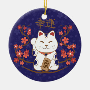 Maneki-neko cat with good luck kanji keramik ornament
