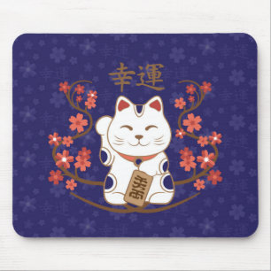Maneki-neko cat with good luck kanji mousepad