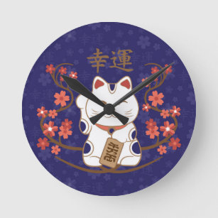 Maneki-neko cat with good luck kanji runde wanduhr