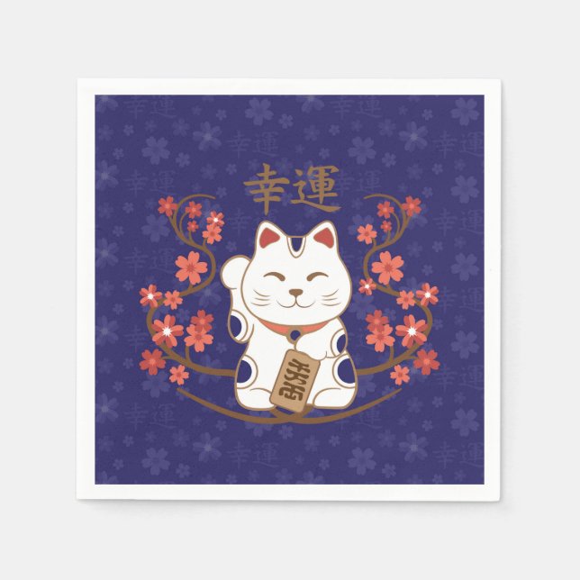 Maneki-neko cat with good luck kanji serviette (Vorderseite)