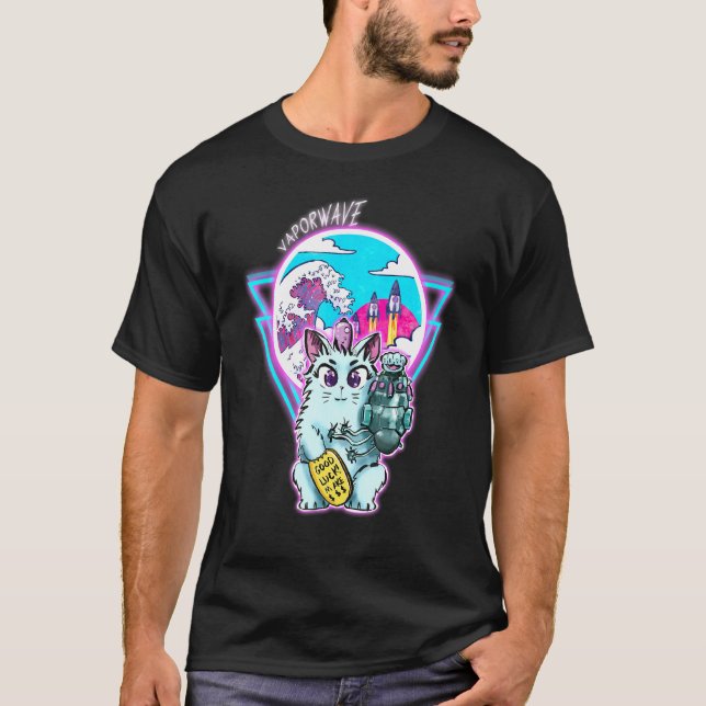 Maneki-Neko Cyberpunk-Katze mit Vapor Wave Style T-Shirt (Vorderseite)