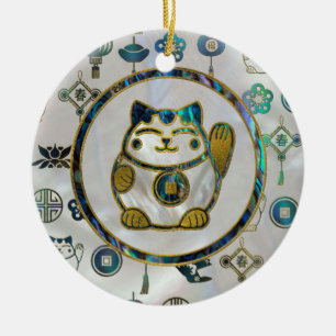 Maneki Neko glückliche Katze auf Perle und Keramikornament