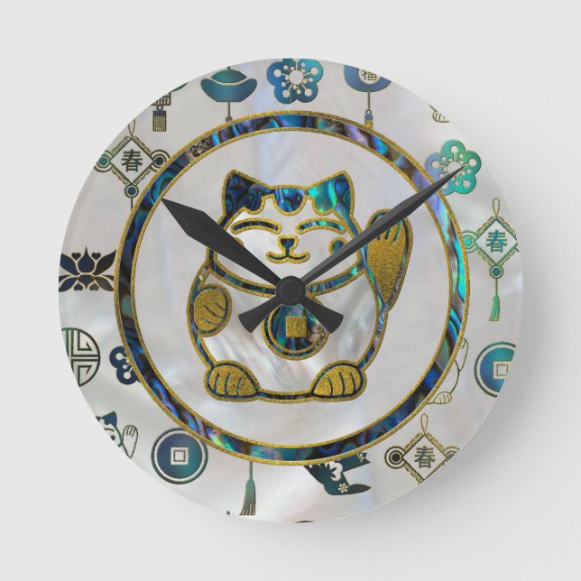Maneki Neko glückliche Katze auf Perle und Runde Wanduhr (Vorderseite)