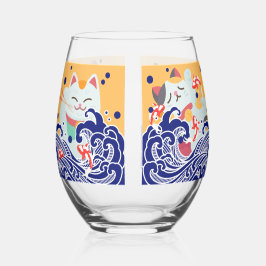 MANEKI NEKO glückliche Katze Stemless Wine Glass Weinglas Ohne Stiel